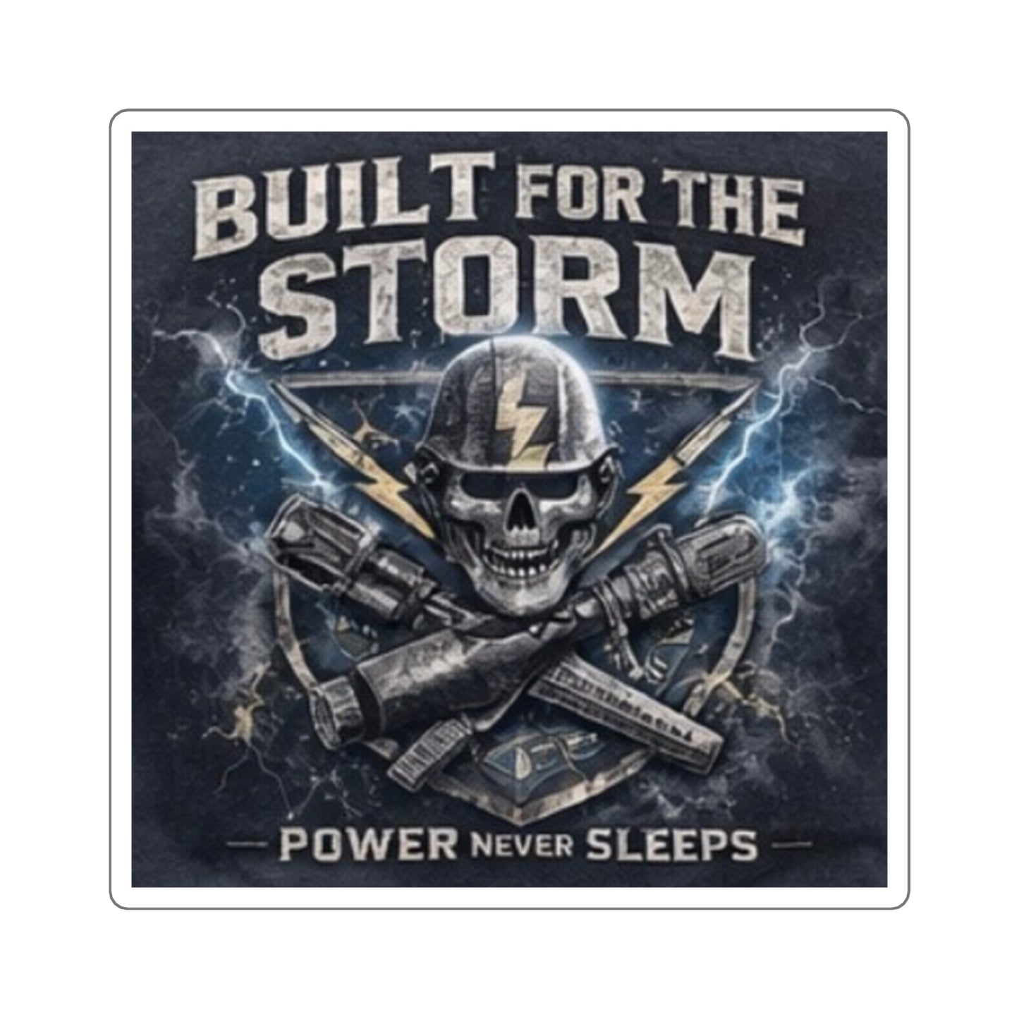 Built for the Storm Square Sticker — Skull & Lightning Power Never Sleeps